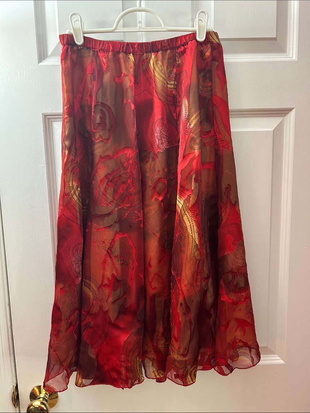 Vintage Coldwater Creek Silk Blend Skirt XS Red Gold Shimmer Paisley Boho